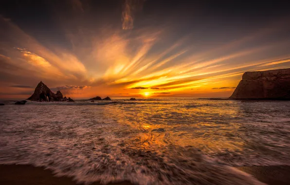 Sunset, the ocean, rocks, CA, Pacific Ocean, California, The Pacific ocean, Martins Beach