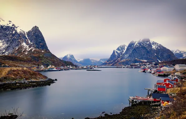 Picture clouds, mountains, stones, rocks, Norway, Bay, house, Lofoten