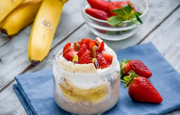 Picture strawberry, banana, yogurt, oatmeal