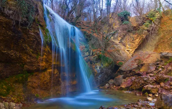 Autumn, trees, landscape, stones, waterfall, gorge, Crimea, autumn