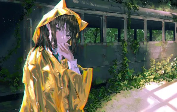 Girl, train, raincoat