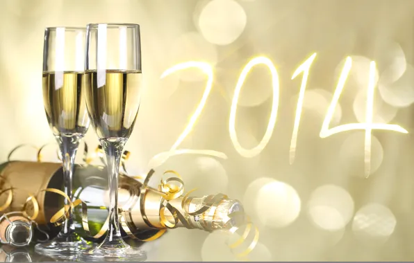 Holiday, bottle, new year, glasses, figures, champagne, serpentine, bokeh