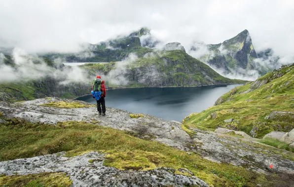 Nature, Clouds, Mountains, Grass, Lake, People, Stones, Landscape