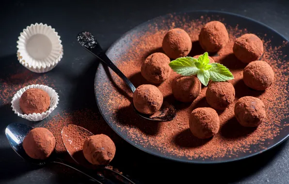 Picture spoon, cake, mint, dessert, sweet, cocoa, truffles