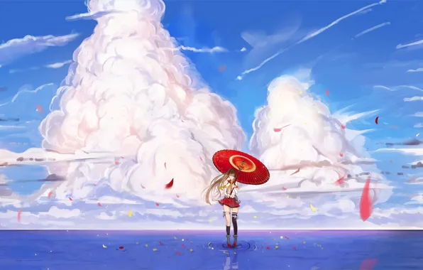 The sky, water, girl, clouds, reflection, umbrella, anime, petals
