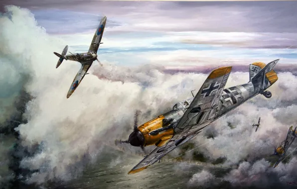 Aircraft, war, spitfire, airplane, aviation, dogfight, me 109, bf 109