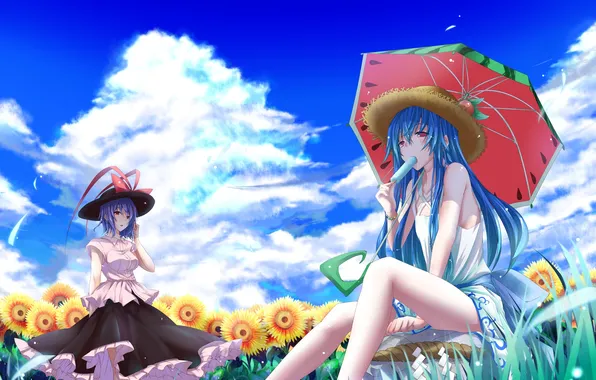 Picture field, look, sunflowers, girls, heat, umbrella, ice cream, touhou