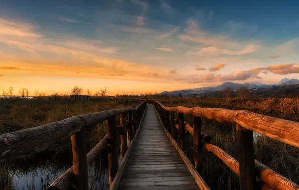 Sunset, cloud, mountain, path