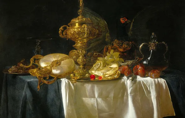 Picture, dishes, fruit, still life, Willem van Aalst