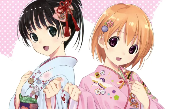 Hairstyle, kimono, bangs, flower in hair, big eyes, two girls, floral pattern, by koutaro