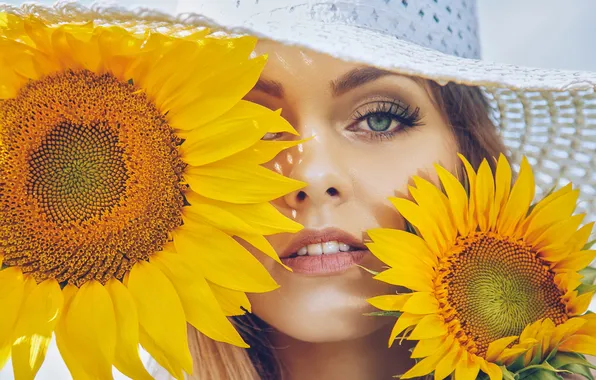 Girl, light, sunflowers, flowers, close-up, face, eyelashes, portrait