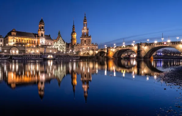 Picture bridge, reflection, river, building, home, Germany, Dresden, night city