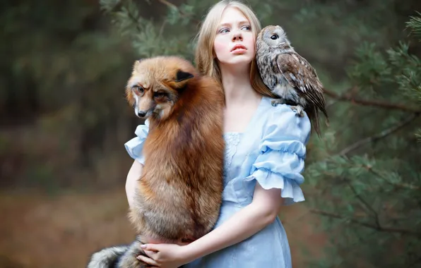 Picture girl, owl, bird, Fox, red, friends, Julia Kowalska, photographer Svetlana Nicotine