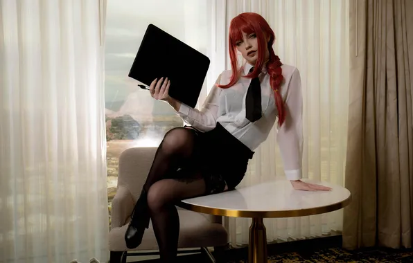 Girl, woman, young, stockings, redhead, cosplay, cute, skirt