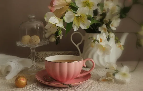 Flowers, tea, roses, candy, Cup, still life, alstremeria, coffee pot
