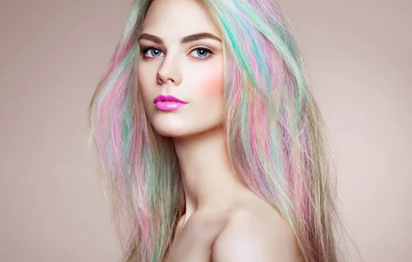 Portrait, makeup, sponge, Oleg Gekman, Model Girl with Colorful Dyed Hair