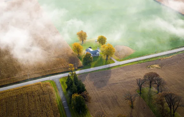 Road, House, Wisconsin, USA, Field, The view from the top