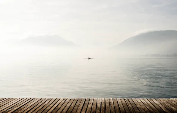 Picture fog, river, boat