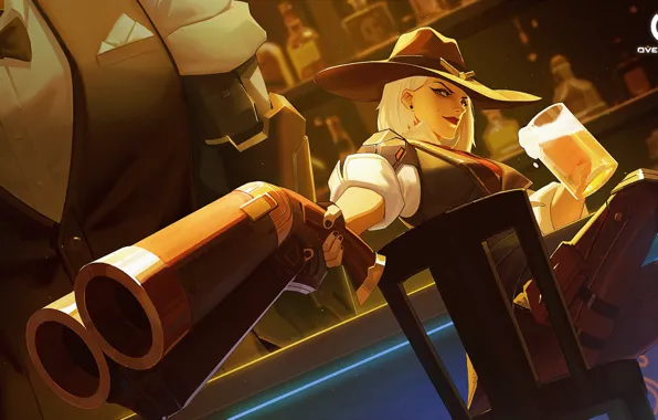 Girl, gun, weapons, robot, hat, Ashe, Overwatch, B.O.B.