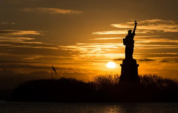 United States, Sunrise, Statue of Liberty, Silhouette, Lady Liberty