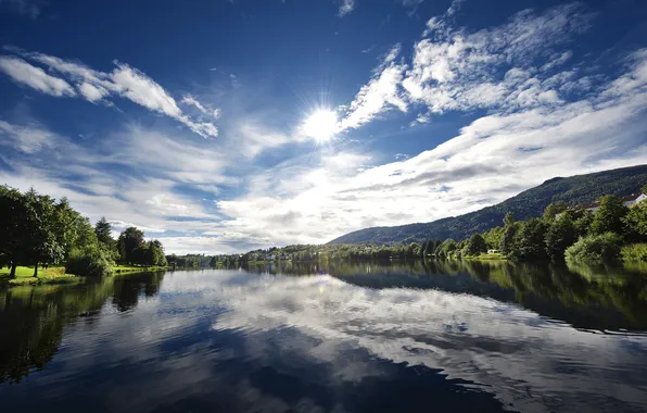 Water, the sun, rays, light, trees, nature, river, landscapes