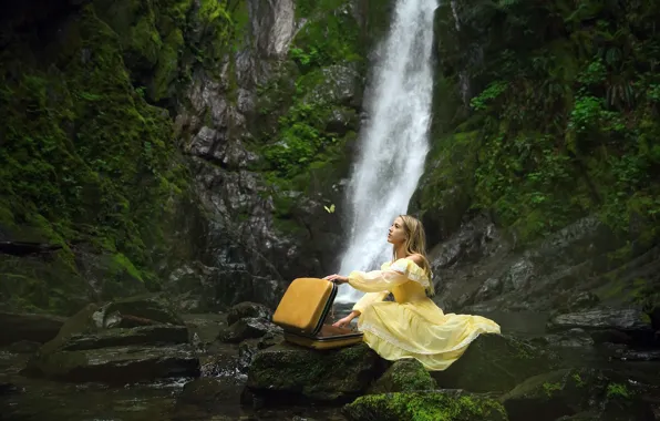 Girl, waterfall, suitcase