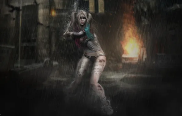 Girl, background, rain, hair, blow, baseball bat, braids