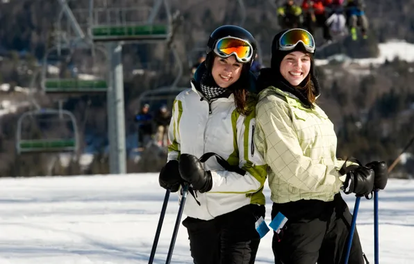 Winter, girl, the sun, snow, smile, two, glasses, jacket