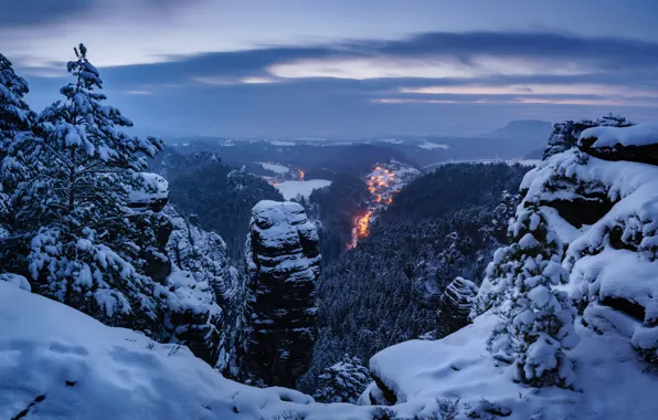 Winter, snow, trees, mountains, Germany, panorama, Germany, Saxon Switzerland