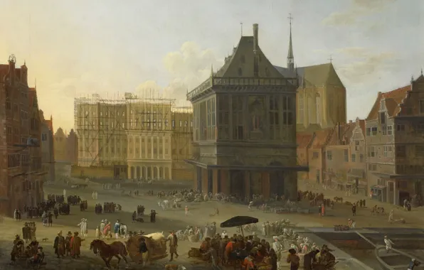 Picture oil, picture, canvas, the urban landscape, The Dam square in Amsterdam, New town Hall under …