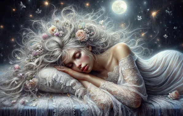 Girl, stars, flowers, night, the moon, bed, sleep, negligee