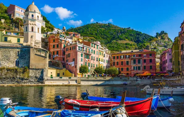 Picture sea, landscape, mountains, shore, home, boats, Italy, the village