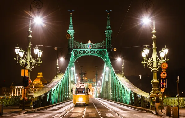 Bridge, lights, tram, night city, Hungary, Hungary, Budapest, Budapest