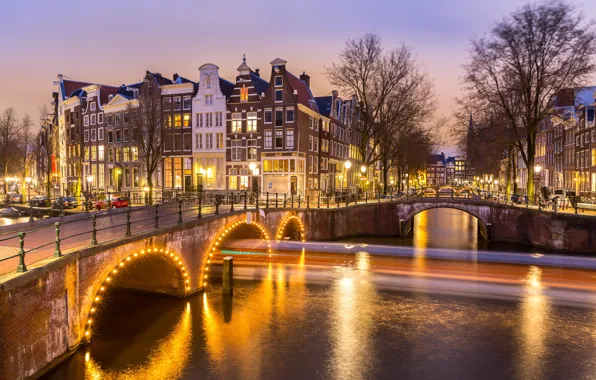 Night, bridge, city, the city, lights, lights, river, Amsterdam