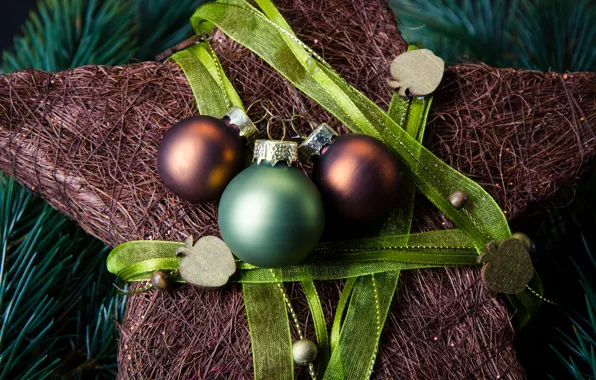 Balls, green, holiday, star, New Year, Christmas, decoration, brown