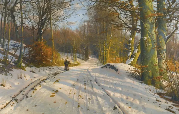 Picture Winter landscape, Danish painter, 1917, Peter Merk Of Menstad, Peder Mørk Mønsted, Danish realist painter, …