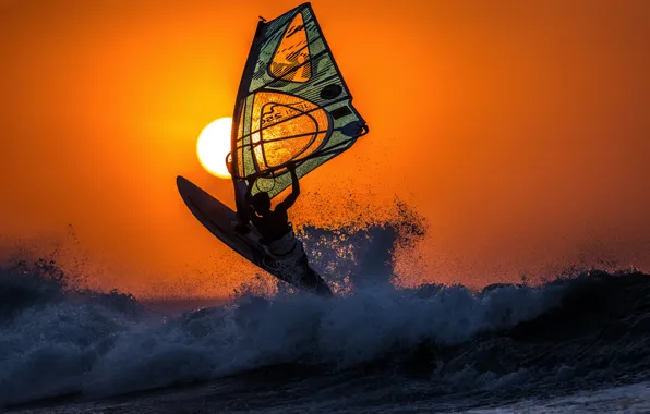 Picture sea, wave, the sky, the sun, landscape, sunset, sail, Board