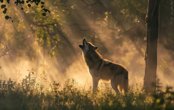 Trees, Forest, Wolf, Predator, The Rays Of The Sun, Digital art, AI art, The Art …