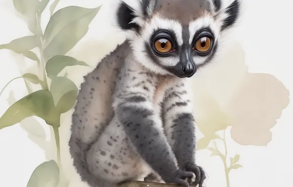 Animal, figure, fluffy, watercolor, cute, lemur, lemurs, animal
