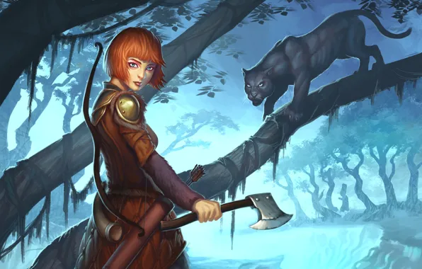 Cat, girl, weapons, tree, Panther, art, Guild Wars 2, Ranger