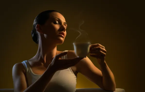 Picture girl, coffee, Cup, t-shirt, hairstyle, smoke