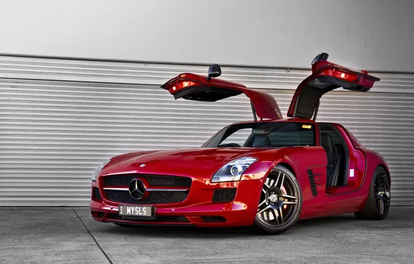Picture red, red, front view, mercedes benz, sls amg, Mercedes Benz, the door guillotine, SLS AMG