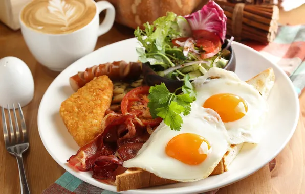 Coffee, Breakfast, scrambled eggs, tomato, bacon, salad, toast