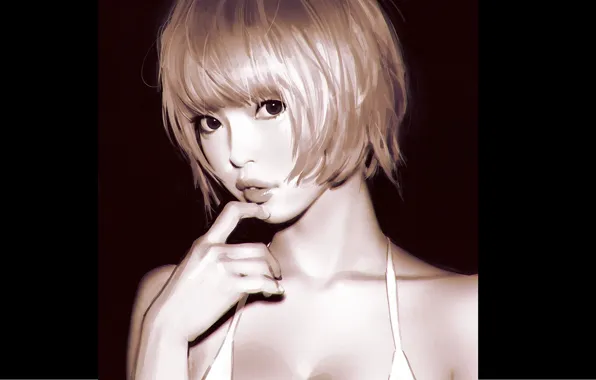 Eyes, face, haircut, hand, blonde, sponge, black background, bangs