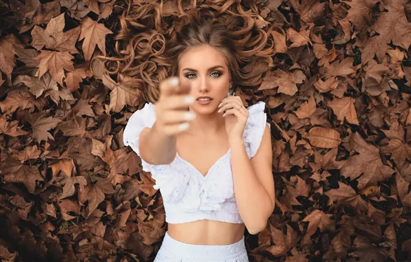 Picture autumn, look, leaves, girl, face, pose, makeup, blouse