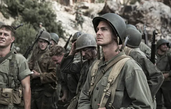 Picture the film, frame, soldiers, form, helmet, history, military, Andrew Garfield