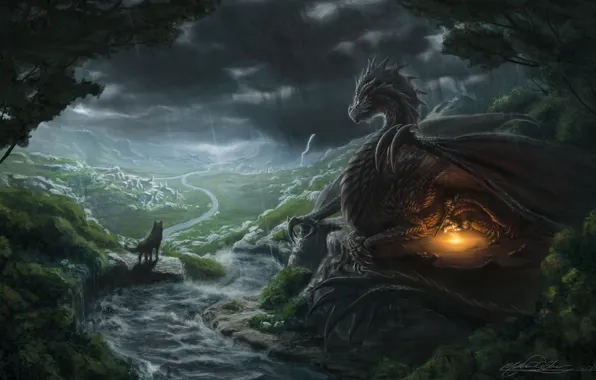 Picture fiction, dragon, people, wings, the fire, art, look. rain