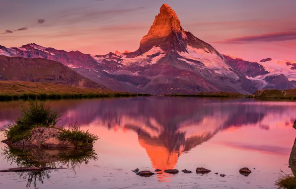The sky, sunset, mountains, reflection, stones, tops, the evening, pink