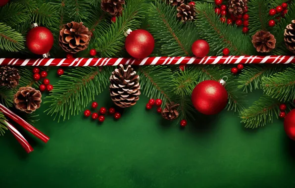 Balls, branches, Christmas, red, New year, needles, bumps, green background
