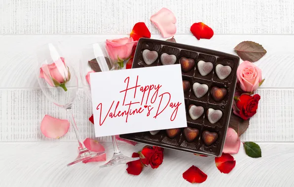 Love, flowers, gift, romance, chocolate, roses, petals, glasses